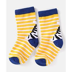 Cute Walk by Babyhug Knit Ankle Length Striped Socks With Animal Design Pack of 3 - Black Blue & Yellow