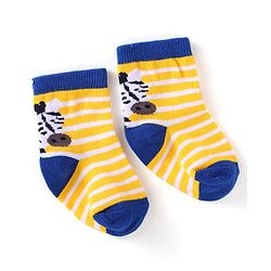 Cute Walk by Babyhug Knit Ankle Length Striped Socks With Animal Design Pack of 3 - Black Blue & Yellow