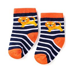 Cute Walk by Babyhug Knit Ankle Length Striped Socks With Animal Design Pack of 3 - Black Blue & Yellow