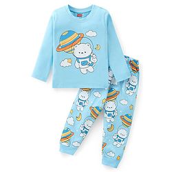 Babyhug Cotton Knit Full Sleeves Night Suit with Bear Print - Sky Blue