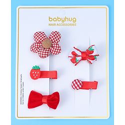 Babyhug Hair Pins And Clips with Floral & Strawberry Applique Free Size Pack of 5 - Red