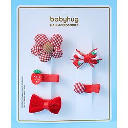 Babyhug Hair Pins And Clips with Floral & Strawberry Applique Free Size Pack of 5 - Red