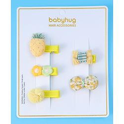 Babyhug Hair Pins And Clips with Floral & Bow Applique Free Size Pack of 5 - Yellow