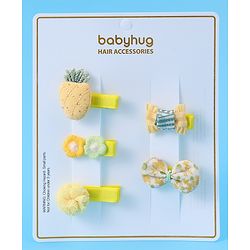 Babyhug Hair Pins And Clips with Floral & Bow Applique Free Size Pack of 5 - Yellow