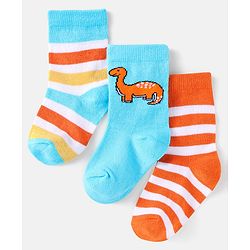 Cute Walk by Babyhug Cotton Knit Anti-Bacterial Ankle Length Dino & Stripe Designed Socks Pack of 3 - Orange & Blue
