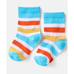 Cute Walk by Babyhug Cotton Knit Anti-Bacterial Ankle Length Dino & Stripe Designed Socks Pack of 3 - Orange & Blue