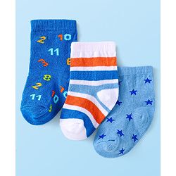 Cute Walk by Babyhug Cotton Lycra Knit Anti-bacterial Socks Strips Stars & Numeric Design Pack of 3 - Blue White & Light Blue