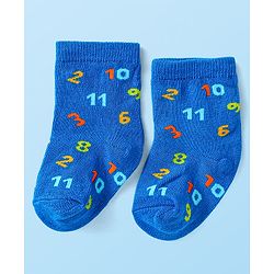 Cute Walk by Babyhug Cotton Lycra Knit Anti-bacterial Socks Strips Stars & Numeric Design Pack of 3 - Blue White & Light Blue