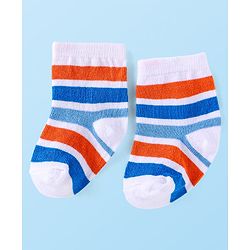 Cute Walk by Babyhug Cotton Lycra Knit Anti-bacterial Socks Strips Stars & Numeric Design Pack of 3 - Blue White & Light Blue
