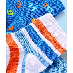 Cute Walk by Babyhug Cotton Lycra Knit Anti-bacterial Socks Strips Stars & Numeric Design Pack of 3 - Blue White & Light Blue