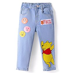 Babyhug Disney Knit Full Length Denim Jeans With Winnie The Pooh Graphics & Patch - Light Blue