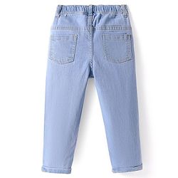 Babyhug Disney Knit Full Length Denim Jeans With Winnie The Pooh Graphics & Patch - Light Blue