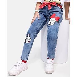 Babyhug Disney Knit Full Length Denim Jeans With Belt & Minnie Mouse & Friends Graphic - Blue