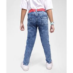 Babyhug Disney Knit Full Length Denim Jeans With Belt & Minnie Mouse & Friends Graphic - Blue
