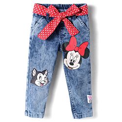 Babyhug Disney Knit Full Length Denim Jeans With Belt & Minnie Mouse & Friends Graphic - Blue