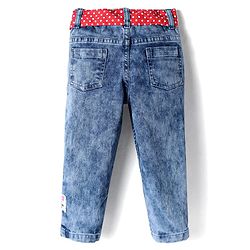 Babyhug Disney Knit Full Length Denim Jeans With Belt & Minnie Mouse & Friends Graphic - Blue