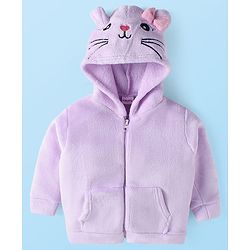 Babyhug Cotton Knit Full Sleeves Hooded Sweatjacket with Cat Print & Kangaroo Pockets - Lilac