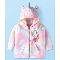 Babyhug Cotton Knit Full Sleeves Unicorn Design Hooded Winter Jacket with Kangaroo Pockets - Pink