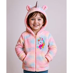 Babyhug Cotton Knit Full Sleeves Unicorn Design Hooded Winter Jacket with Kangaroo Pockets - Pink