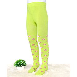 Cute Walk by Babyhug Cotton Elastane Antibacterial Footed Tights Floral Design - Neon Green