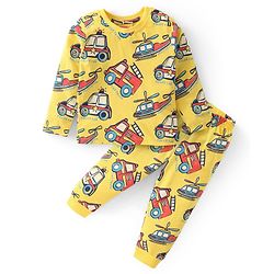 Babyhug Cotton Knit Full Sleeves Night Suit With Vehicles Print - Yellow
