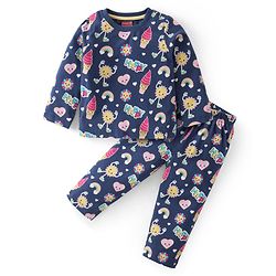 Babyhug Cotton Knit Full Sleeves Night Suit With Doodles & Hearts Print - Navy