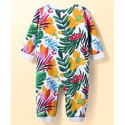 Babyhug 100% Cotton Knit Full Sleeves Romper with Leafy Print -  White