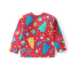 Babyhug Cotton Knit Full Sleeves Night Suit With Christmas Theme Print - Red
