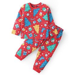 Babyhug Cotton Knit Full Sleeves Night Suit With Christmas Theme Print - Red