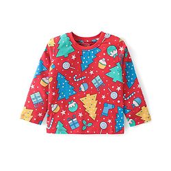 Babyhug Cotton Knit Full Sleeves Night Suit With Christmas Theme Print - Red
