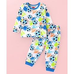 Babyhug Cotton Knit Full Sleeves Night Suit With Footballs Print - Off White
