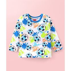 Babyhug Cotton Knit Full Sleeves Night Suit With Footballs Print - Off White