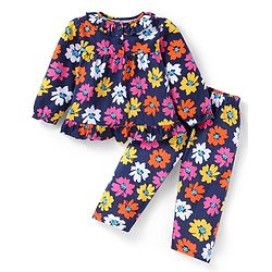 Babyhug Cotton Knit Full Peasant Sleeves Floral Printed Night Suit - Navy Blue