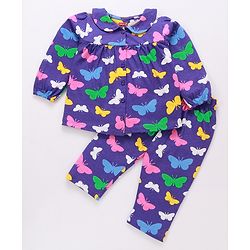 Babyhug Cotton Knit Full Peasant Sleeves Butterfly Printed Night Suit with Frill Detailing -Violet