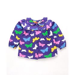 Babyhug Cotton Knit Full Peasant Sleeves Butterfly Printed Night Suit with Frill Detailing -Violet