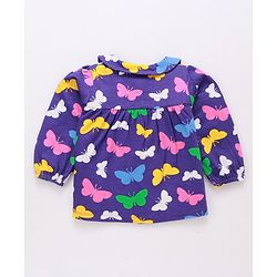 Babyhug Cotton Knit Full Peasant Sleeves Butterfly Printed Night Suit with Frill Detailing -Violet