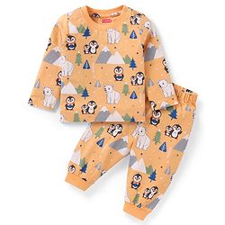 Babyhug Cotton Knit Full Sleeves Penguin & Polar Bear Printed Night Suit - Orange