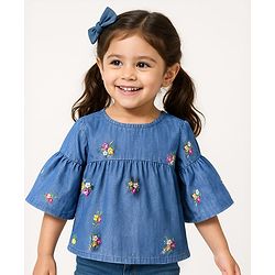 Babyhug Denim Bell Sleeves Cropped Top with Floral Embroidery - Navy Blue
