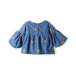 Babyhug Denim Bell Sleeves Cropped Top with Floral Embroidery - Navy Blue