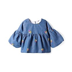 Babyhug Denim Bell Sleeves Cropped Top with Floral Embroidery - Navy Blue