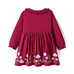 Babyhug Single Jersey Knit Full Sleeves Frock With Floral Print & Peter Pan Collar - Maroon