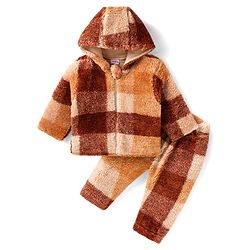 Babyhug Woven Full Sleeves Checkered Fur Hooded Winter Wear Suit - Brown