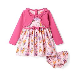 Babyhug Single Jersey Knit Full Sleeves Frock With Attached Shrug Floral Print & Bloomer - Pink