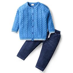Babyhug Knitted Full Sleeves Smartfit Solid Cable Knit Design Front Open Sweater Set With Denim Pant - Blue