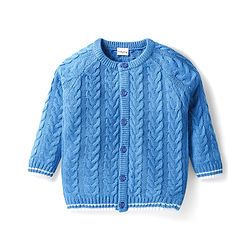 Babyhug Knitted Full Sleeves Smartfit Solid Cable Knit Design Front Open Sweater Set With Denim Pant - Blue