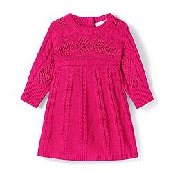 Babyhug Knitted Full Sleeves Solid Colour Woollen Dress With Cable Knit Design - Dark Pink