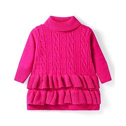 Babyhug Knitted Full Sleeves Turtle Neck Pullover Sweater with Cable Knit Design & Frill Detailing - Dark Pink