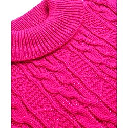 Babyhug Knitted Full Sleeves Turtle Neck Pullover Sweater with Cable Knit Design & Frill Detailing - Dark Pink