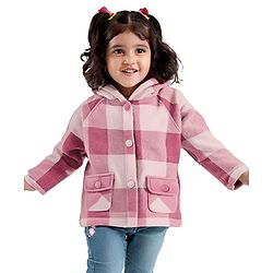Babyhug Woven Full Raglan Sleeves Checkered Hooded Coat - Pink