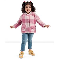 Babyhug Woven Full Raglan Sleeves Checkered Hooded Coat - Pink